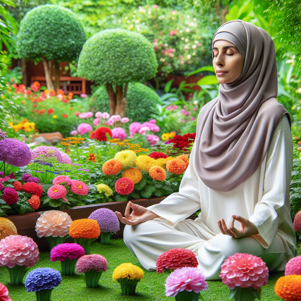 An individual seated in a serene garden, eyes closed in meditation, surrounded by vibrant flowers and lush greenery, symbolizing peace and mindfulness.