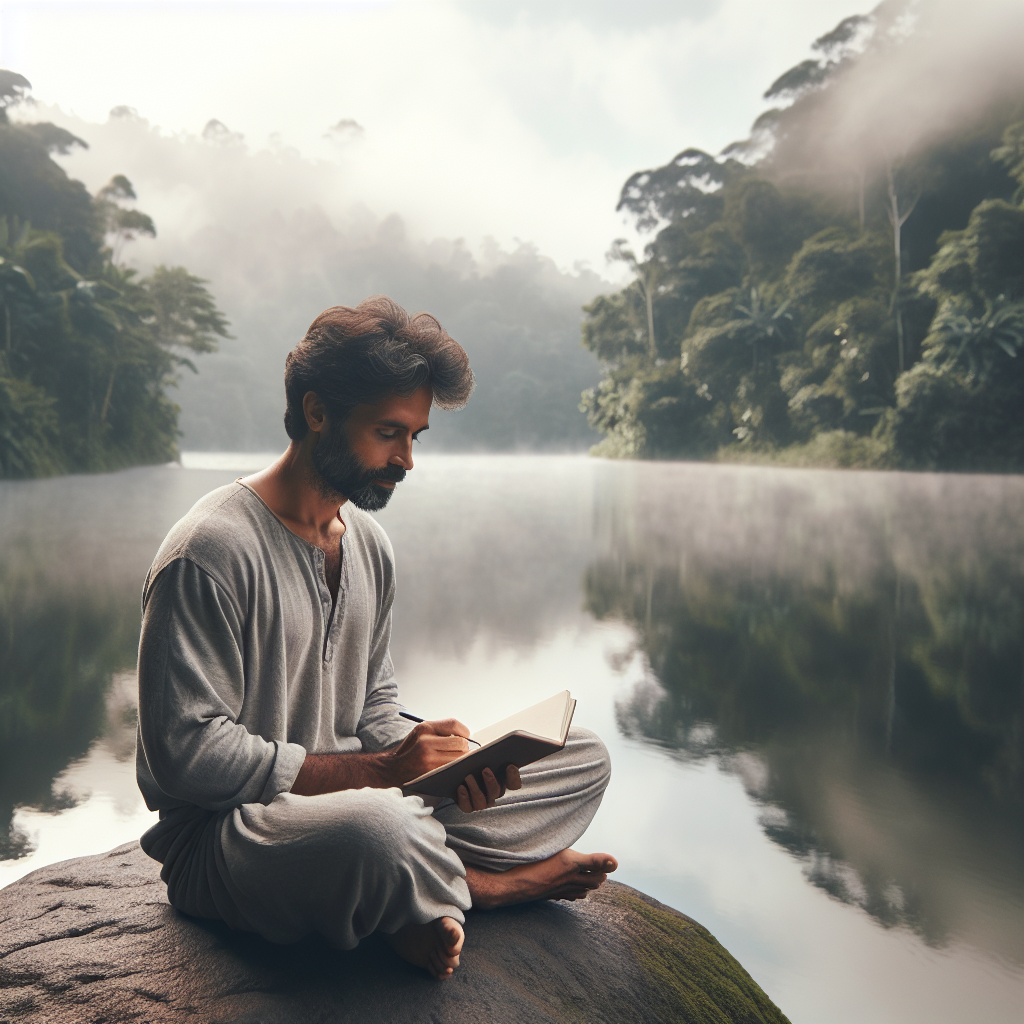 A serene image of a person sitting cross-legged on a rock by a calm lake, surrounded by lush greenery, holding a journal. The morning mist hovers above the water, symbolizing the peaceful journey of self-reflection and introspection.