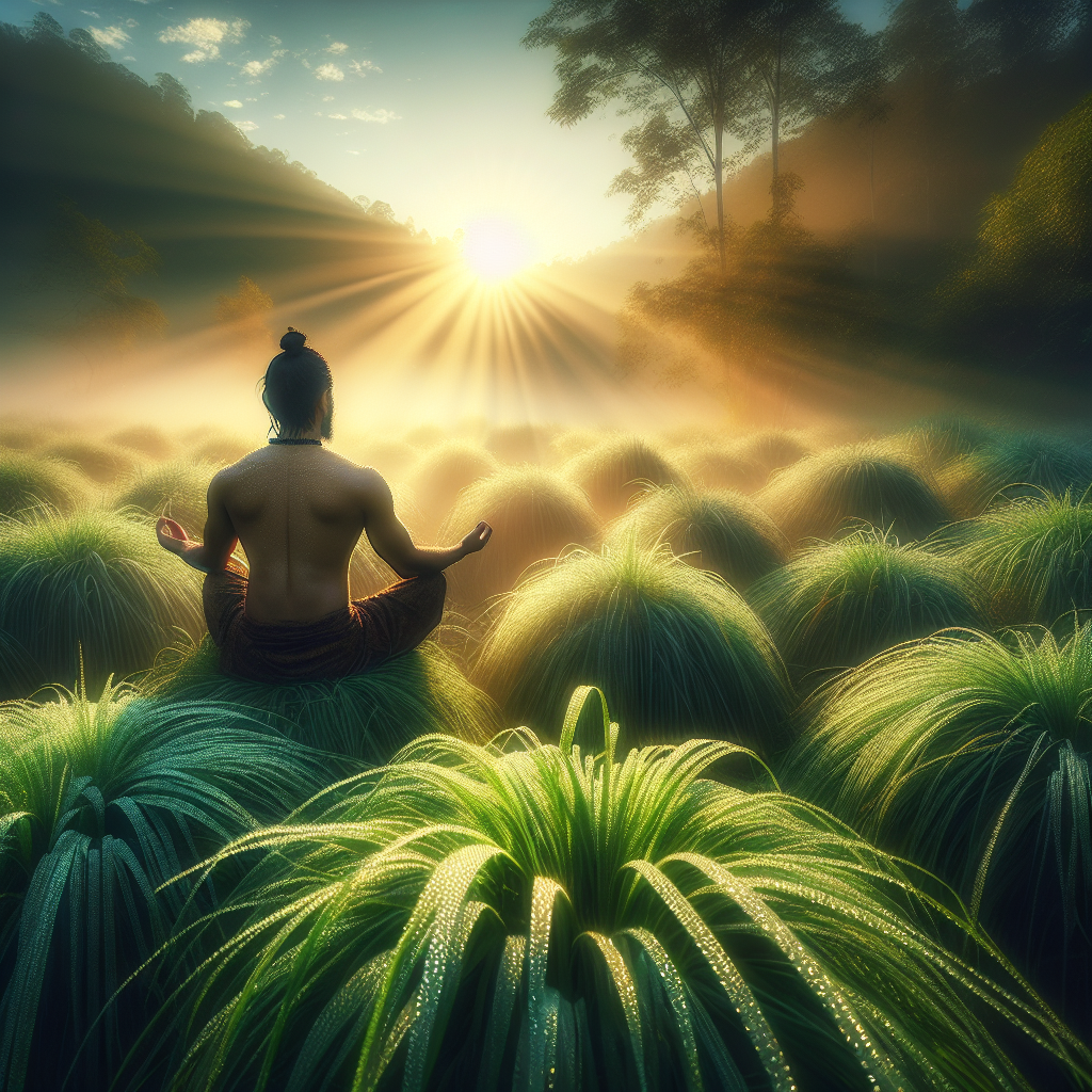 An image of a serene landscape during sunrise, where the first rays of sunlight gently touch the dew-covered grass. This depicts the awakening of the senses, highlighting clarity and new perceptions. In the foreground, an individual sits in meditation, embodying stillness amid vibrant sensory experiences.