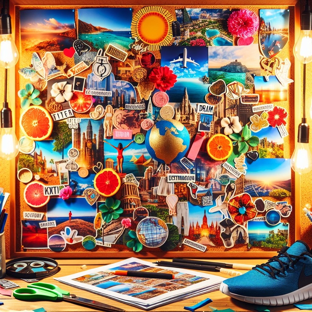 A vibrant and colorful vision board filled with cut-out images of dream destinations, motivational quotes in bold fonts, and symbolic objects such as a pair of running shoes and a miniature globe. The board is pinned on a well-lit corkboard positioned on a desk cluttered with art supplies like scissors, magazines, and glue sticks.