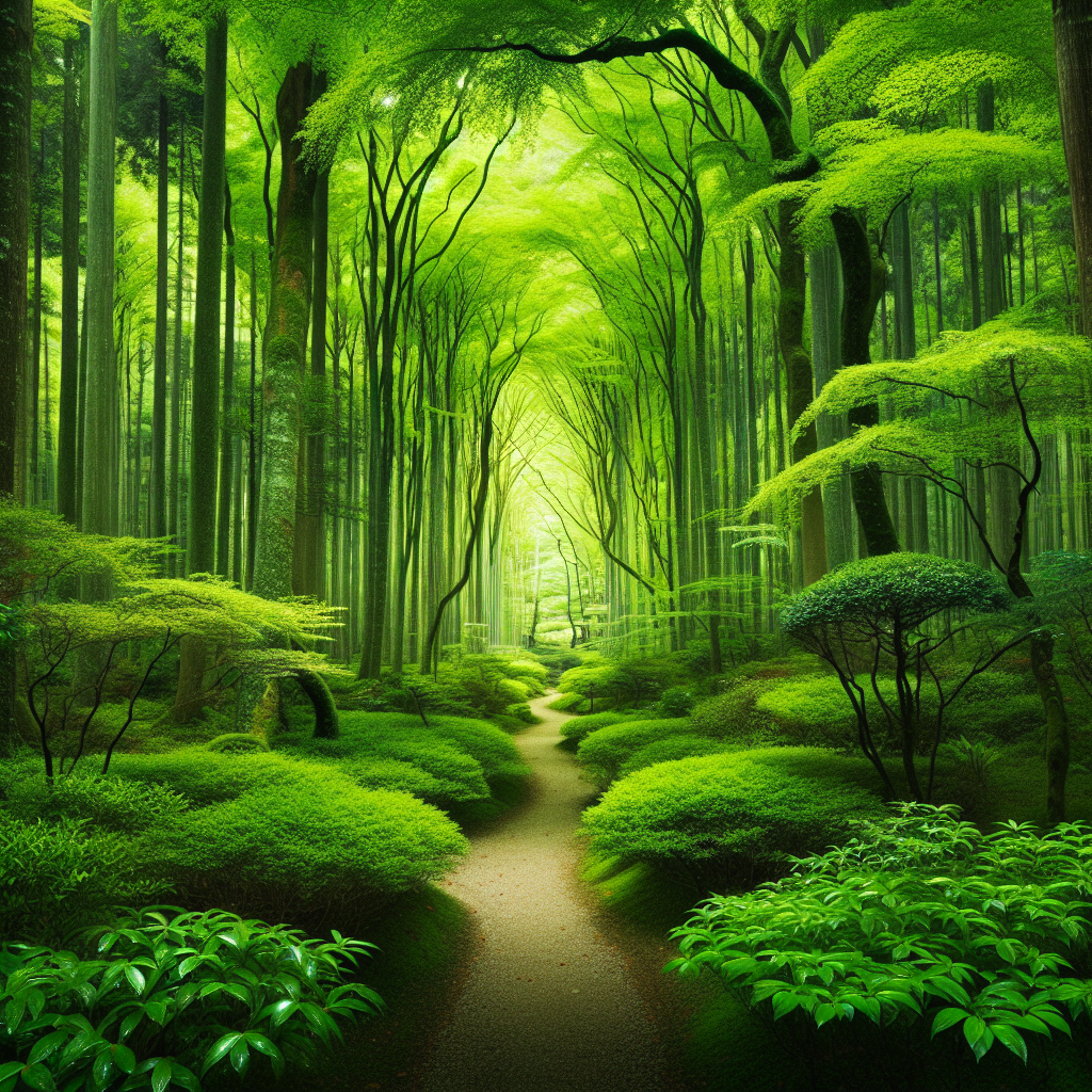 A serene Japanese forest scene, showing a tranquil forest path surrounded by lush green foliage. Sunlight filters through the dense canopy, casting dappled light onto the ground, evoking a sense of peace and mindfulness.