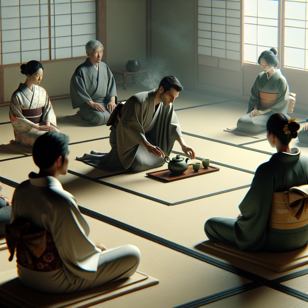 A serene setting for a Japanese tea ceremony, with a traditional tatami mat floor, a subtly decorated tea room, and a tea master in a kimono gracefully preparing matcha tea. The room is softly lit, creating an atmosphere of tranquility and focus, with guests seated quietly in anticipation of the ritual.