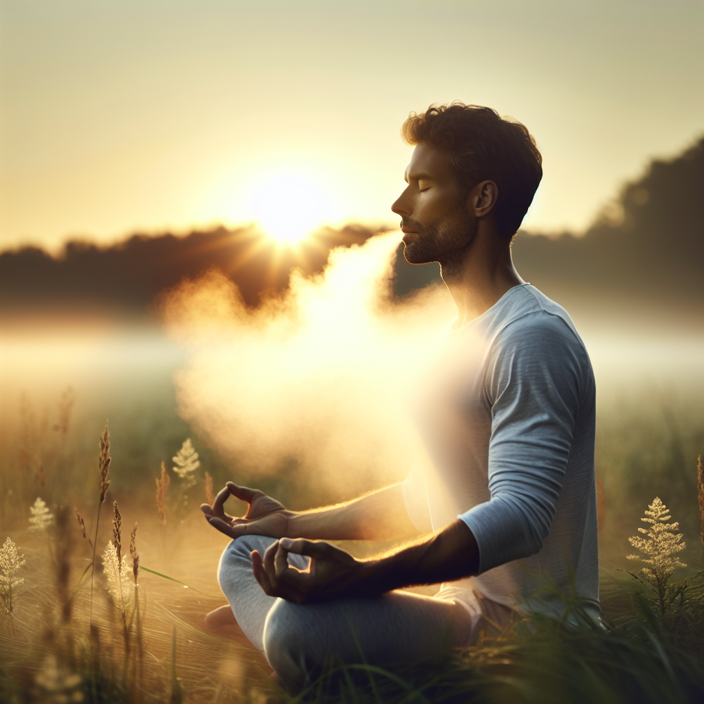 A serene image of a person sitting cross-legged on a grassy field at sunrise, eyes closed, with a soft focus on their gentle breath forming a mist in the cool morning air, symbolizing calmness and tranquility achieved through mindful breathing.