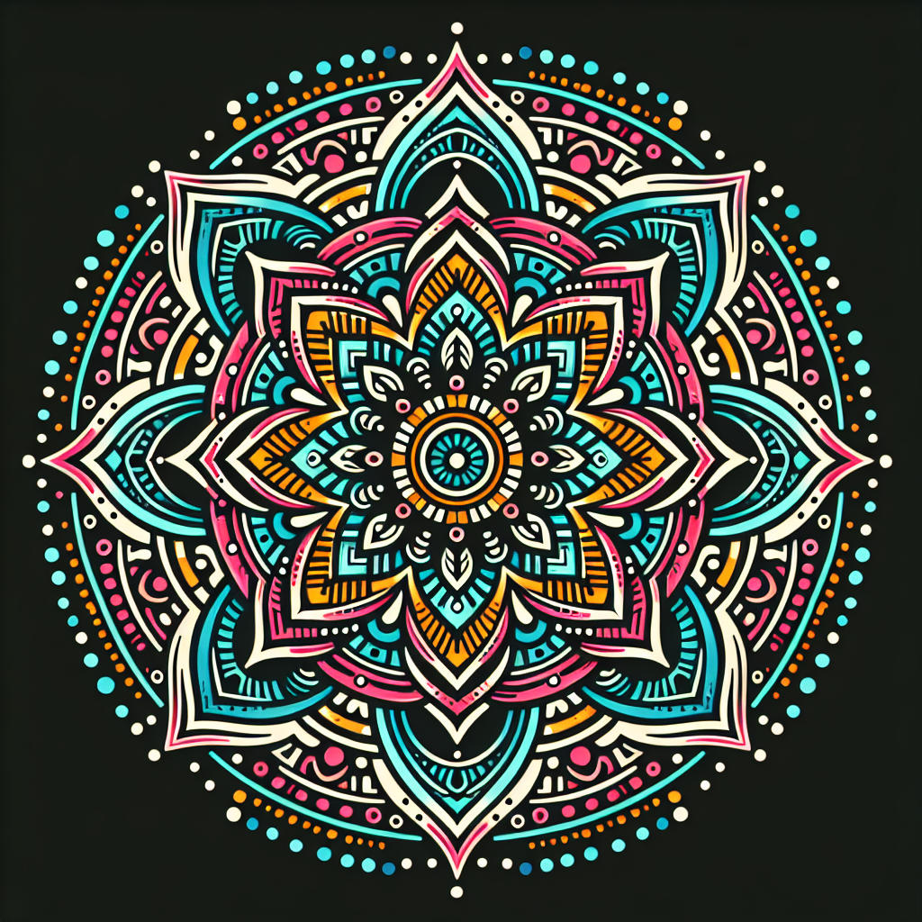 A vibrant and intricate mandala illustration, showcasing a complex, symmetrical design with concentric circles and geometric patterns. The image invokes a sense of serenity and focus, capturing the essence of mindfulness and meditation associated with mandala creation.