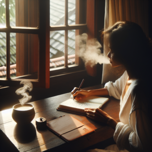 A cozy, intimate scene of a person sitting by a window with soft morning light streaming in, writing in a journal. The journal is open on a wooden table with a steaming cup of coffee beside it, symbolizing peaceful reflection and daily gratitude practice.