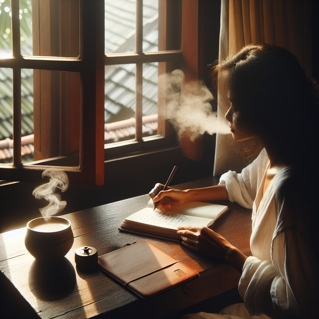 A cozy, intimate scene of a person sitting by a window with soft morning light streaming in, writing in a journal. The journal is open on a wooden table with a steaming cup of coffee beside it, symbolizing peaceful reflection and daily gratitude practice.