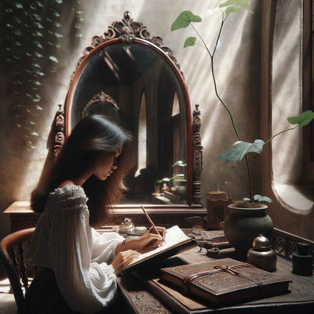 A serene image of a person sitting peacefully at a desk, writing in a journal. A soft light filters through a nearby window, illuminating the page, while a large mirror on the wall reflects their thoughtful expression. The setting is tranquil, with a few greenery touches around, symbolizing growth and introspection.