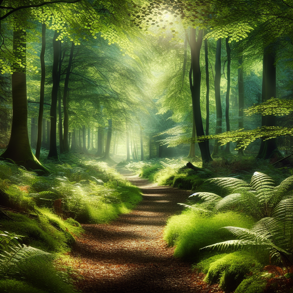 A serene image of a lush forest pathway with dappled sunlight filtering through the leaves, inviting readers to imagine themselves taking a peaceful walk and experiencing the calming effects of nature.