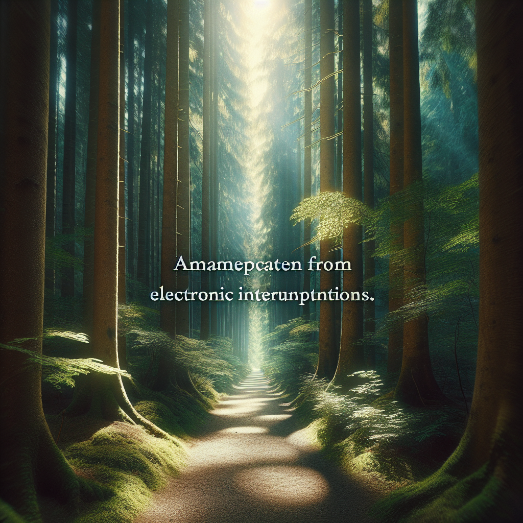 A serene forest path lined with tall trees, inviting the reader to leave behind digital distractions and immerse in the tranquility of nature. Sunlight filters through the leaves, casting a mosaic of light and shadow on the ground, symbolizing liberation from constant notifications.