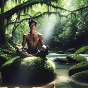A serene scene depicting a person meditating outdoors, sitting cross-legged on a plush moss-covered rock near a tranquil stream. Sunlight filters softly through the lush canopy of leaves overhead, casting dappled shadows on the person below, who radiates peace and calm, eyes lightly closed with a subtle, contented smile.