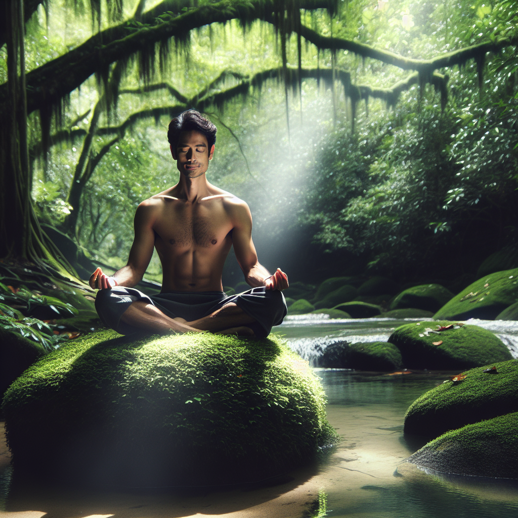 A serene scene depicting a person meditating outdoors, sitting cross-legged on a plush moss-covered rock near a tranquil stream. Sunlight filters softly through the lush canopy of leaves overhead, casting dappled shadows on the person below, who radiates peace and calm, eyes lightly closed with a subtle, contented smile.