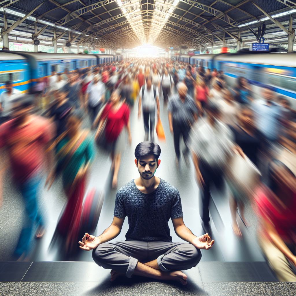 A serene image of a person meditating amidst a bustling train station, with blur effects to highlight the contrast between the person's calm and the surrounding chaos.