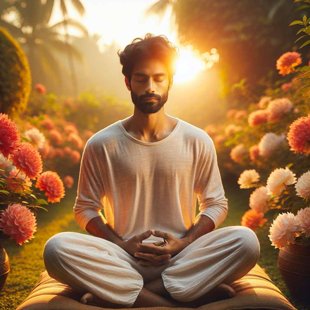 A serene image of a person meditating in a tranquil outdoor setting at sunrise. They are seated cross-legged on a soft cushion, surrounded by blooming flowers, with eyes gently closed and hands resting on knees. The warm hues of the sunrise create a calming backdrop, highlighting the peaceful expression on the meditator's face, symbolizing inner tranquility and focus.
