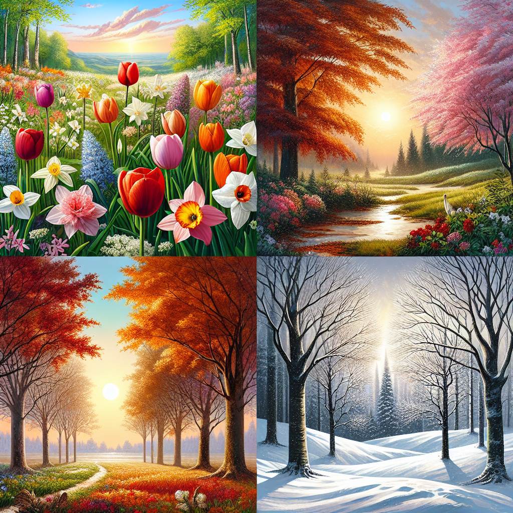 A series of four landscape images depicting each of the seasons: vibrant spring flowers in bloom, lush green summer foliage, autumn leaves in myriad colors, and a tranquil winter scene with snow-covered trees, symbolizing life's cyclical changes and the beauty of adaptation.