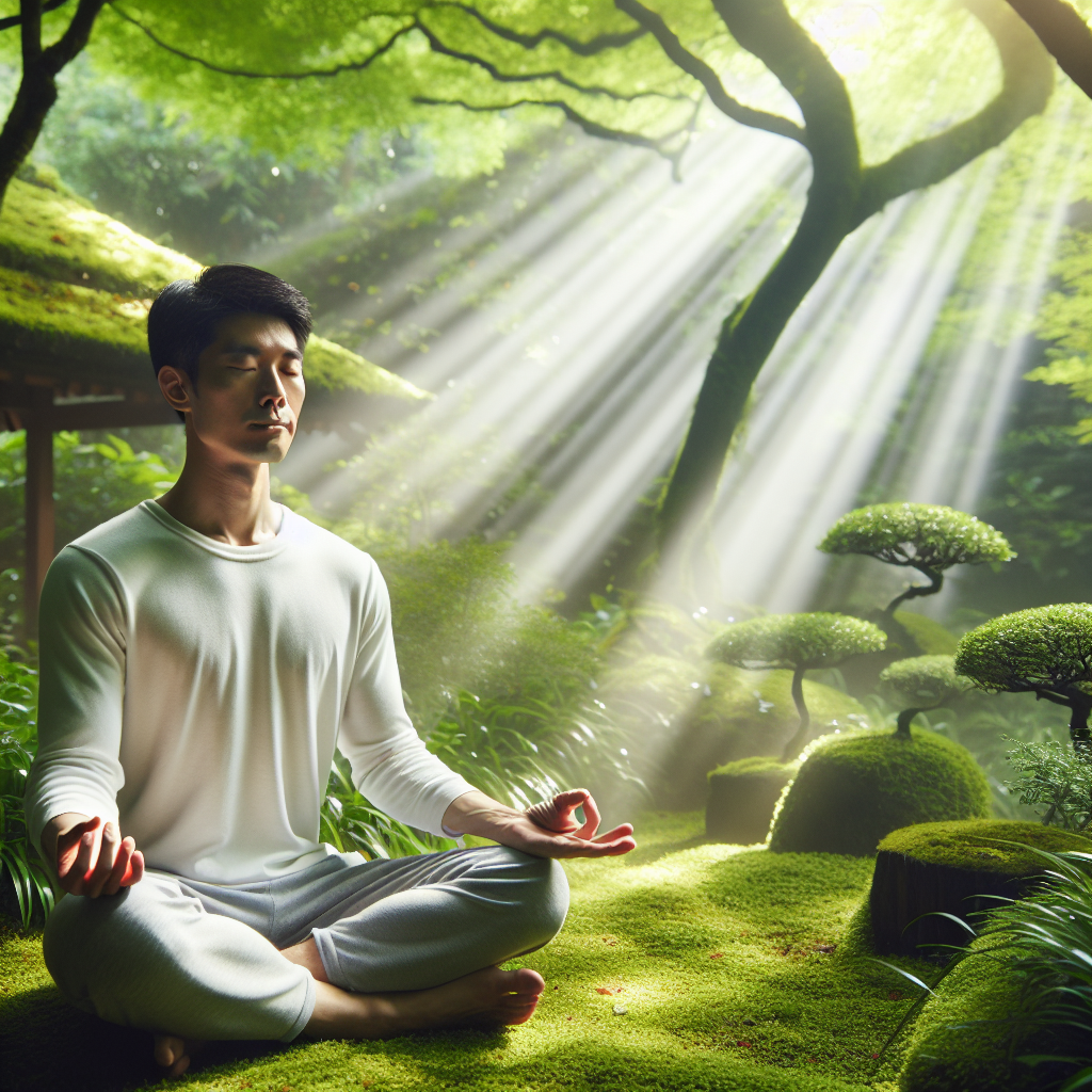 A serene image of a person meditating in a tranquil garden setting, surrounded by lush greenery. The individual is seated cross-legged, with eyes closed, focusing on their breathing. Soft sunlight filters through the leaves, creating a peaceful atmosphere, symbolizing the calming effects of the 4-7-8 breathing technique.