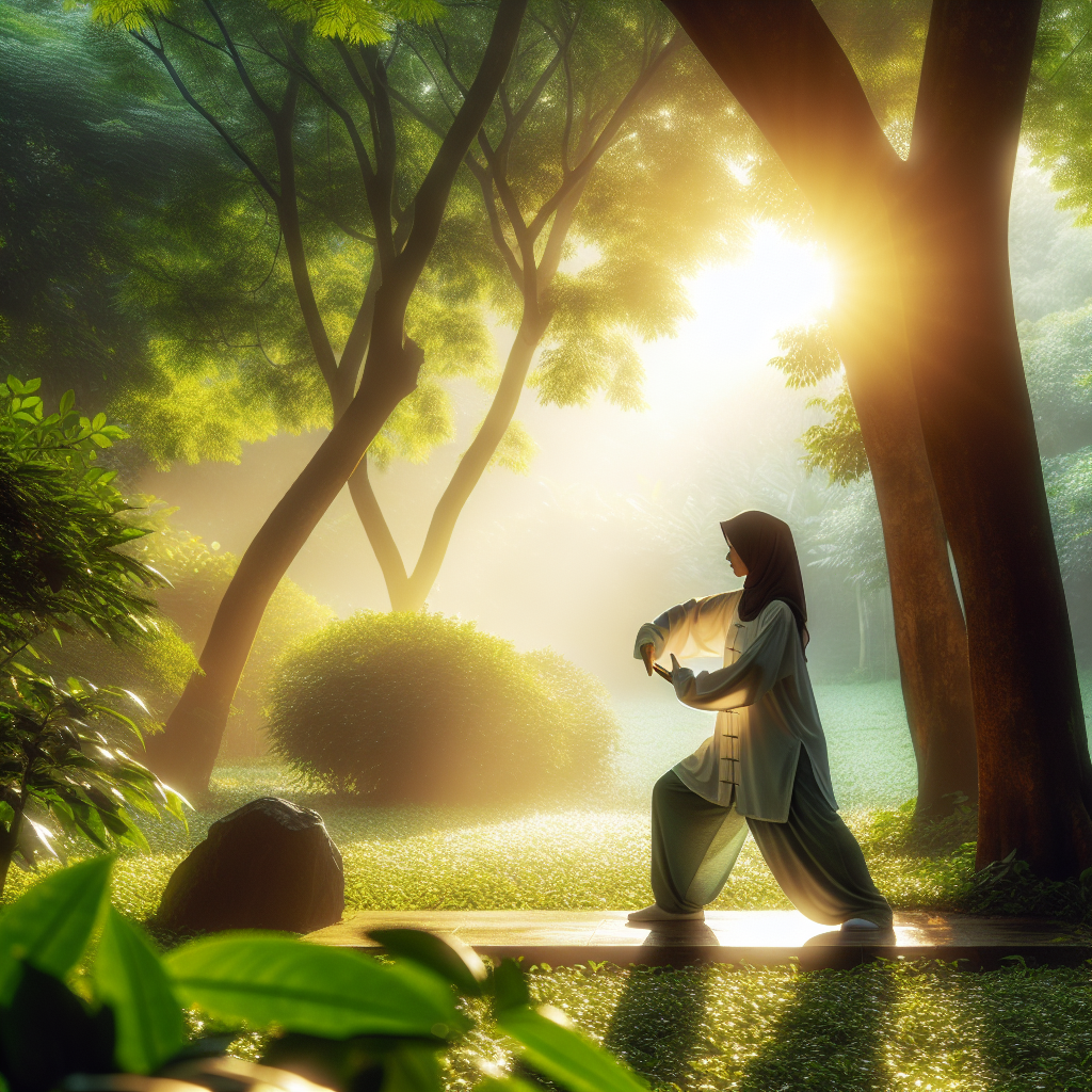 A serene image of a person practicing tai chi in a tranquil park setting, surrounded by lush greenery. The early morning sunlight filters through the trees, creating a soothing and peaceful atmosphere, emphasizing the connection between mind and body through mindful movement.