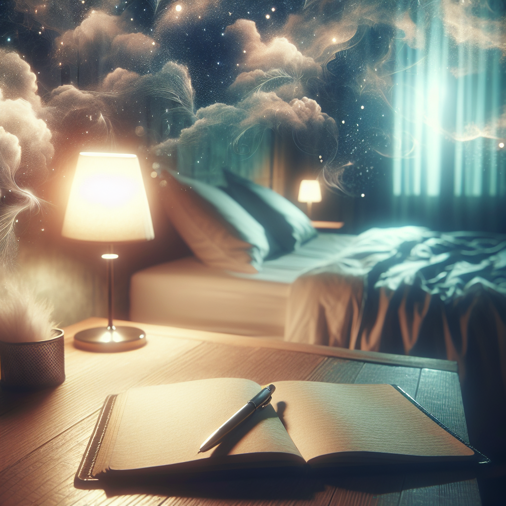 A serene bedroom setting illuminated by soft, ambient lighting, featuring an open journal with a pen on a bedside table. The scene is subtly surrounded by wisps of dream-like clouds or ethereal mist, symbolizing the connection between dream incubation and subconscious exploration.