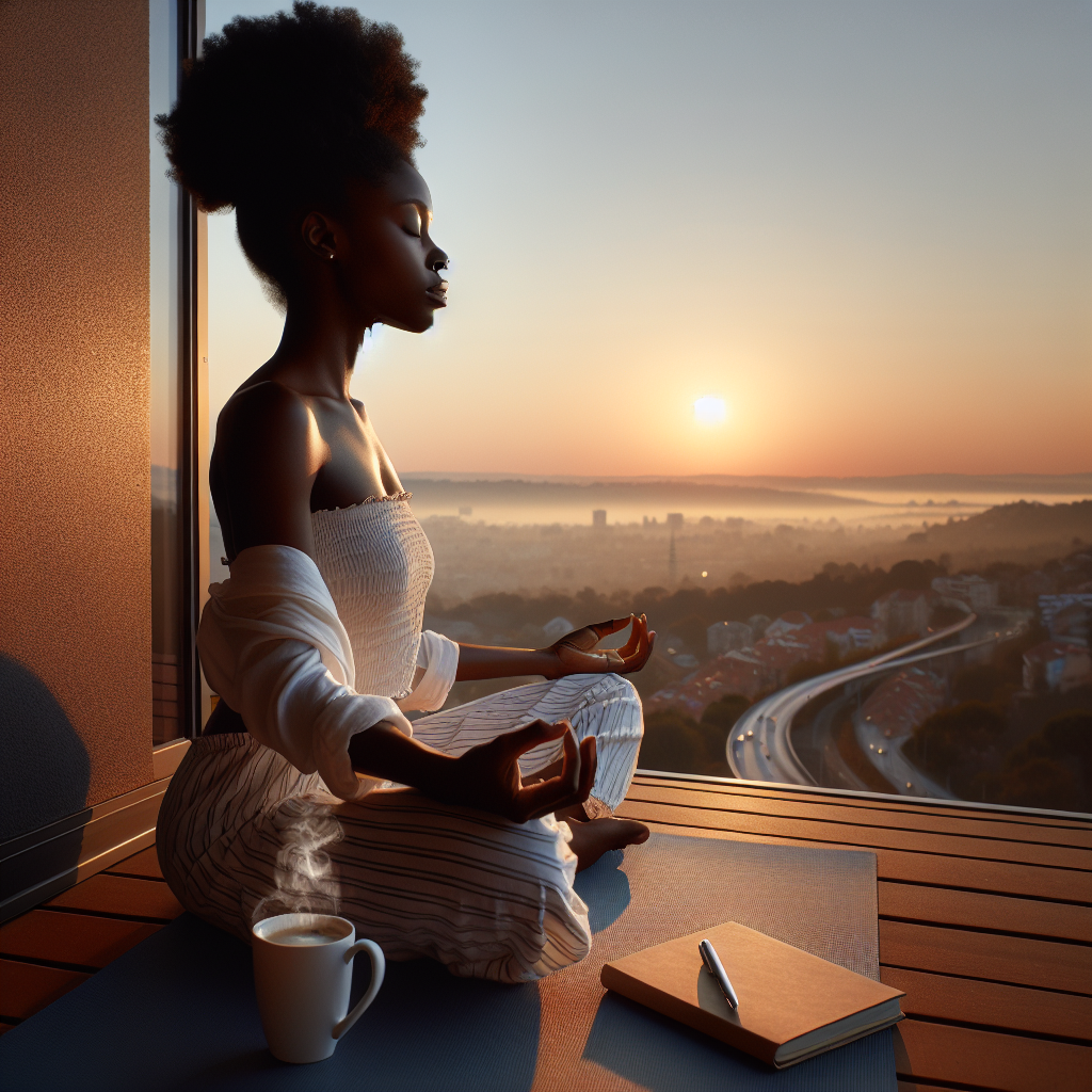 A serene morning scene depicting a person sitting cross-legged on a balcony, eyes closed, engaging in meditation as the first light of dawn peeks over the horizon. The background showcases a distant city slowly coming to life with a clear, calm sky, highlighting the tranquility of the moment. Beside them lies a journal and a steaming cup of coffee, symbolizing the start of a mindful day.