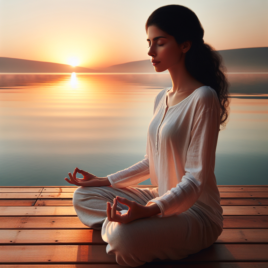 A serene image of a person sitting cross-legged on a wooden deck overlooking a tranquil lake during sunrise, eyes closed, hands resting on knees, embodying the practice of mindfulness meditation.