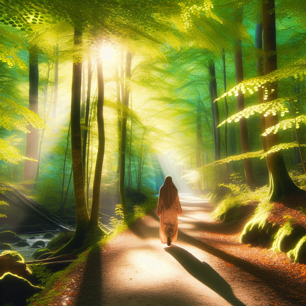 A serene nature trail surrounded by lush trees and sunlight streaming through the leaves, capturing the essence of a peaceful gratitude walk with a person strolling amidst the vibrant colors of nature.