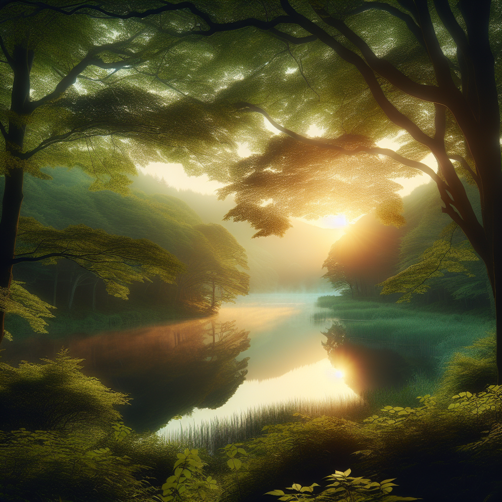 A serene landscape at sunrise, depicting a tranquil morning scene with soft light filtering through trees and a calm lake, symbolizing the limitless possibilities of a perfect day spent in harmony with nature.