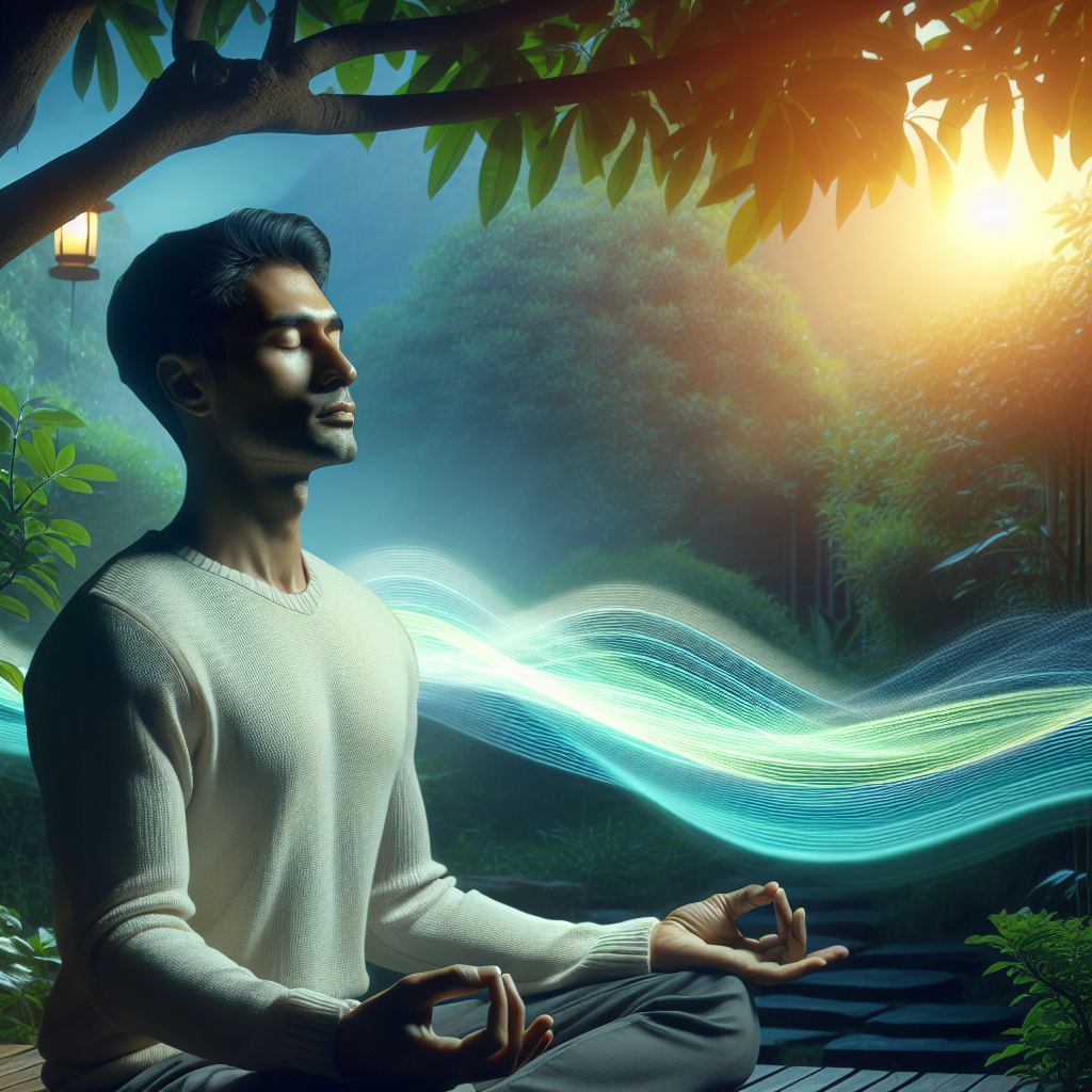 A serene scene of a person sitting cross-legged in a peaceful garden, eyes gently closed, enveloped by the soft light of dawn. The subtle movement of a gentle breeze rustles nearby leaves, symbolizing the practice of mindful breathing as the person focuses on deep, calming inhalations and exhalations.