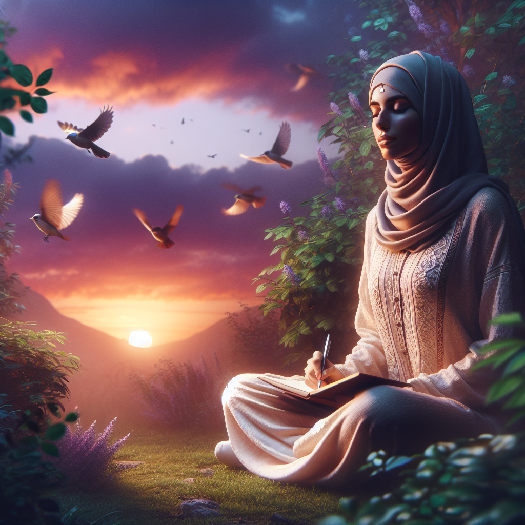 A serene individual sitting cross-legged in a tranquil outdoor setting, eyes closed, with a journal in their lap, surrounded by nature. The scene captures the essence of introspection and mindfulness, symbolizing the journey toward self-awareness.