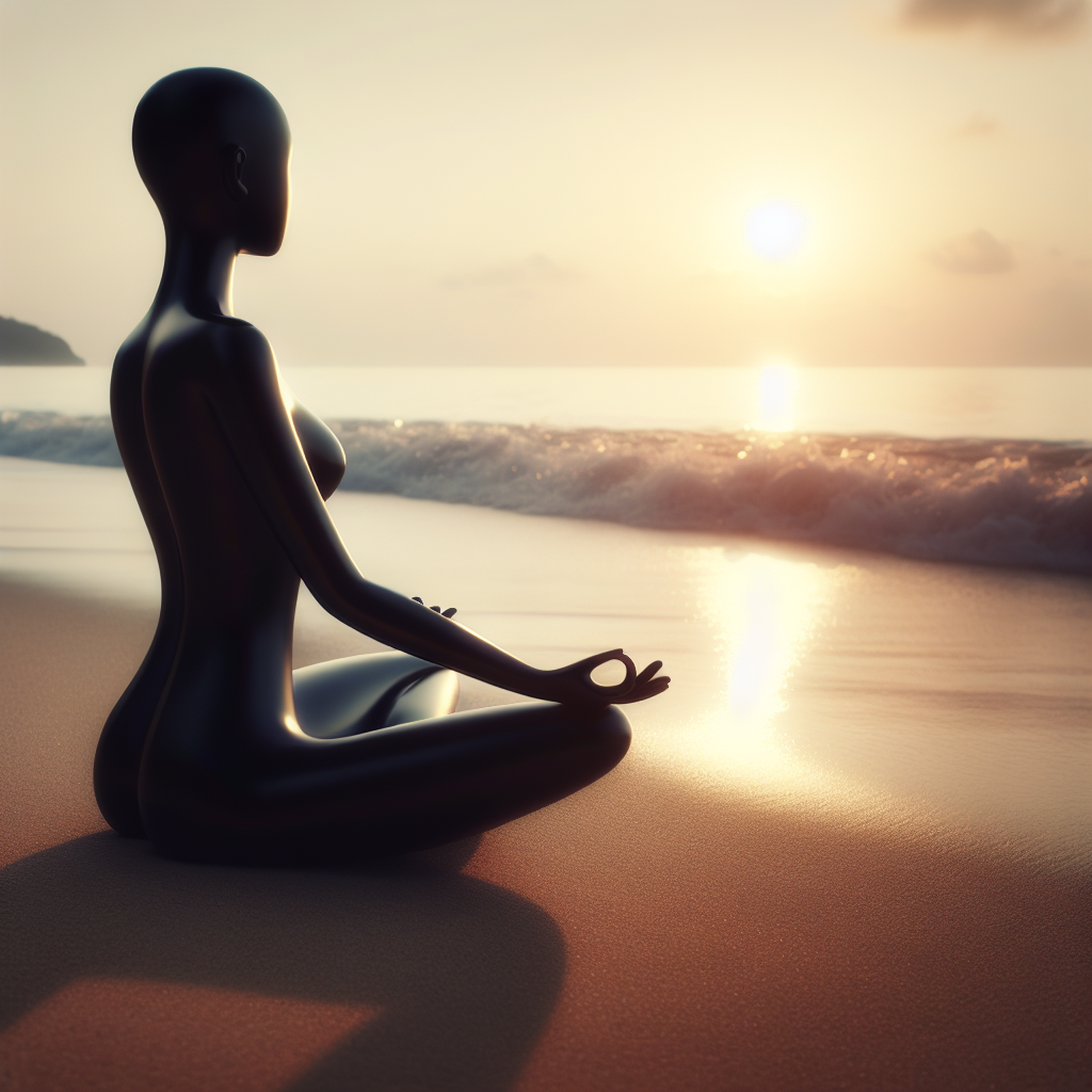 A serene image of a person sitting cross-legged in meditation on a quiet beach at sunrise, with the gentle waves in the background and a soft glow enveloping them, symbolizing tranquility and a peaceful mind.