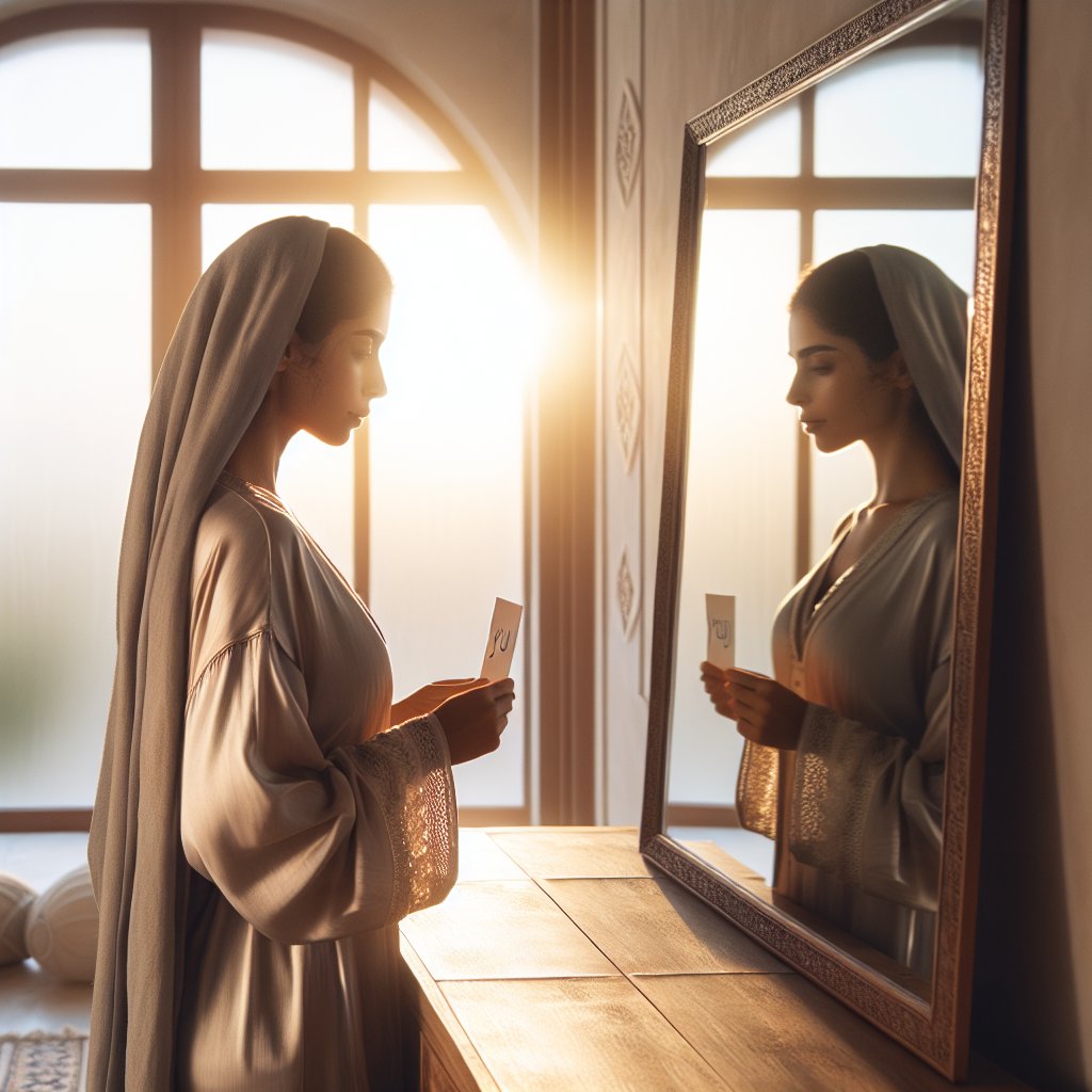 A serene morning scene depicting a person standing in front of a large mirror, with sunlight streaming in through the window. The individual is gazing into their reflection with a calm and confident expression, perhaps holding a small card with positive affirmations in their hand.