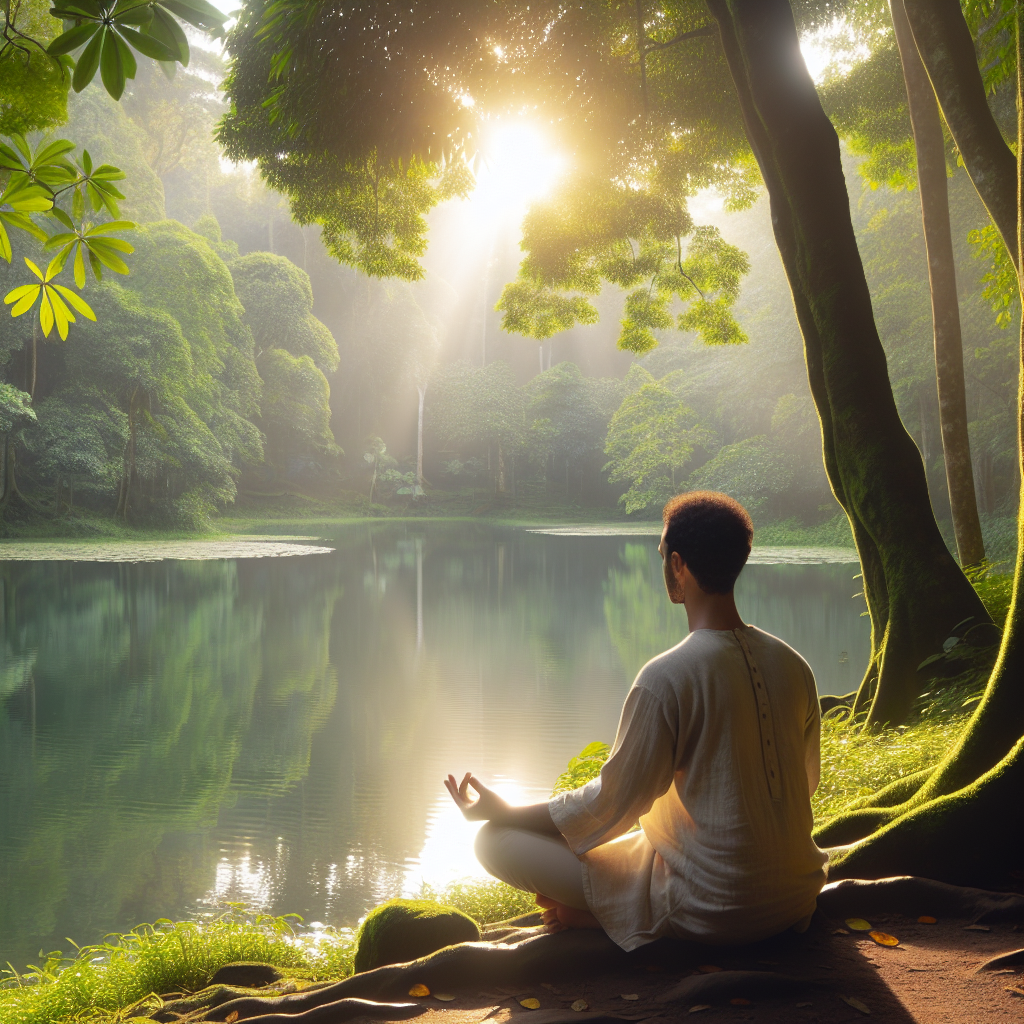 A serene scene of a person meditating in a tranquil nature setting, such as by a tranquil lake or in a lush forest, with sunlight filtering through the trees, capturing the essence of mindfulness and inner peace.