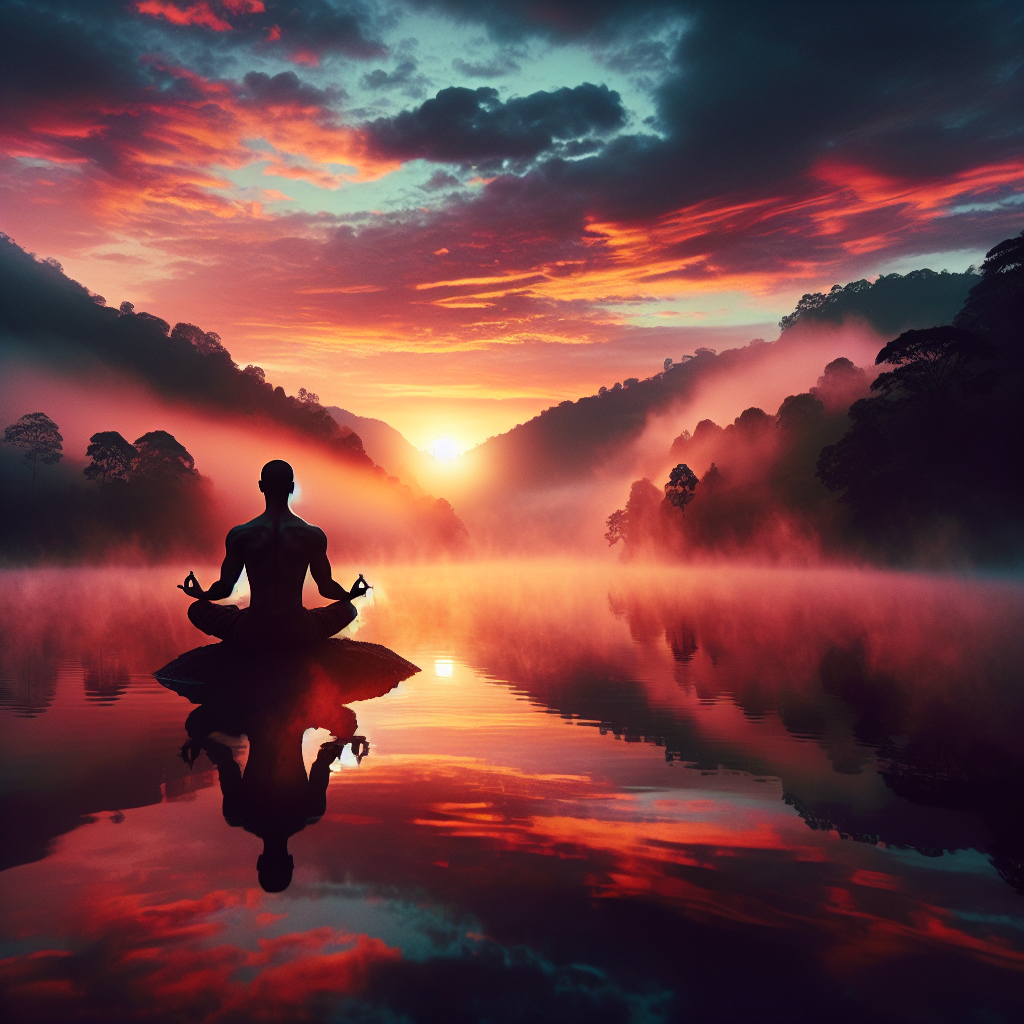 A serene landscape depicting a lone figure meditating by a tranquil lake at dawn, with mist rising from the water and vibrant hues of the sunrise coloring the sky. This image conveys a sense of peace, stillness, and effortless harmony with nature.