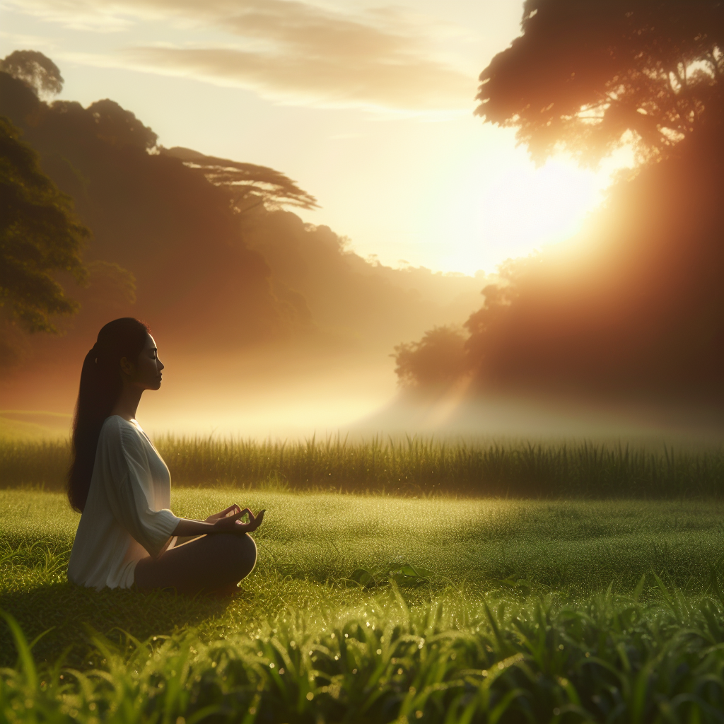A serene and calming image of a person sitting cross-legged on a lush green field at sunrise, taking deep breaths. Wisps of morning mist encircle them, emphasizing tranquility as they engage in mindful breathing.