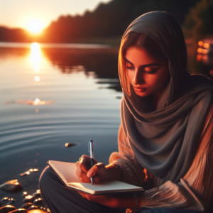 A serene and contemplative image of a person sitting by a tranquil lakeside at sunset, with a notebook and pen in hand, reflecting their thoughts onto paper. The warm hues of the setting sun reflect the introspective mood of identifying core values.