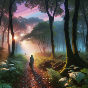 A serene early morning scene featuring a person walking along a wooded path. The sky shows a blend of soft morning hues, and sunlight streams through gaps in the trees, casting gentle shadows. The foreground is rich with greenery, and fallen leaves rustle gently in the breeze.