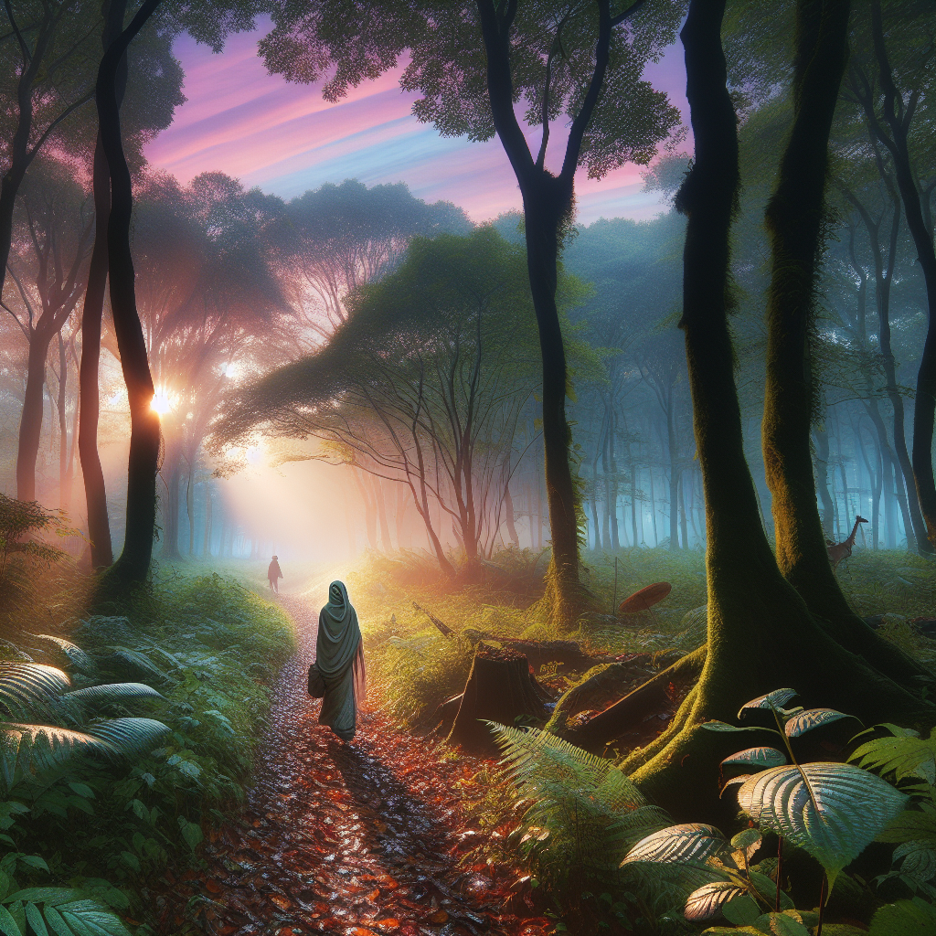 A serene early morning scene featuring a person walking along a wooded path. The sky shows a blend of soft morning hues, and sunlight streams through gaps in the trees, casting gentle shadows. The foreground is rich with greenery, and fallen leaves rustle gently in the breeze.