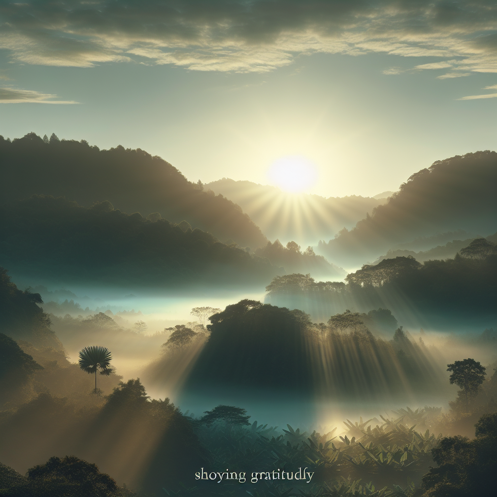 A serene landscape at sunrise with beams of light gently illuminating a misty valley, symbolizing mental clarity and the dawning of positive thoughts through gratitude.