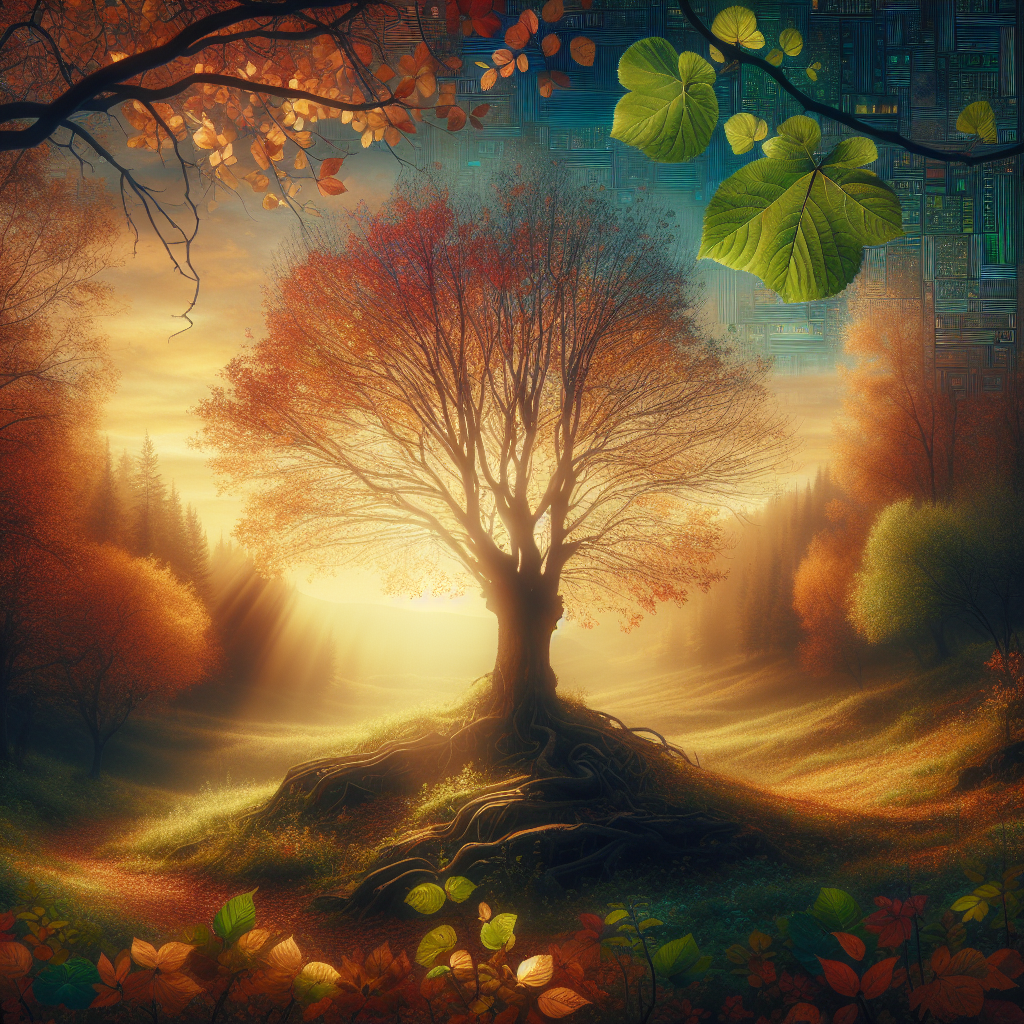 A picturesque scene of a tree shedding its leaves in an autumn landscape, with a soft light filtering through the branches, symbolizing the beauty of life's cycles and the promise of renewal.