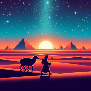 A vibrant illustration of a lone shepherd boy crossing a vast desert under a starry sky, with pyramids silhouetted in the distance, depicting the journey of self-discovery and adventure.
