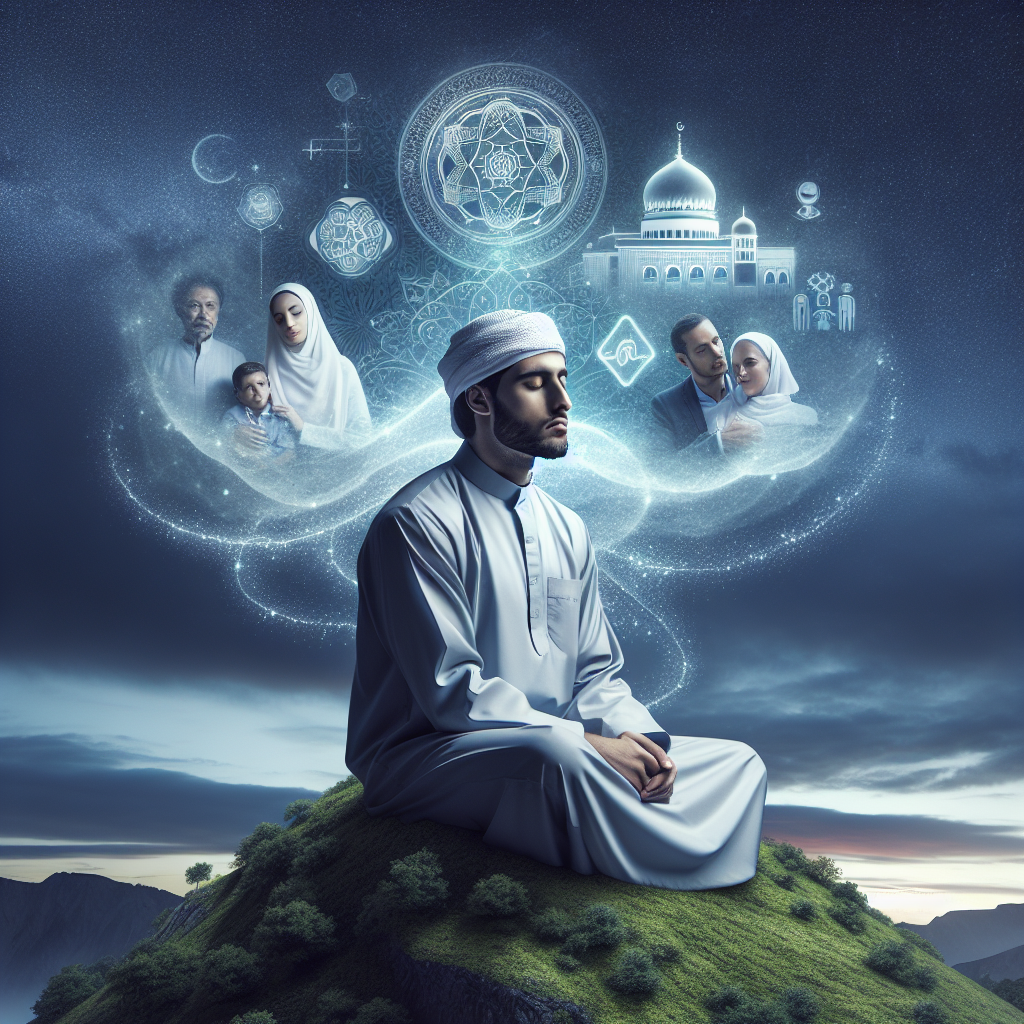 A serene landscape showing a person sitting on a grassy hilltop under a twilight sky, eyes closed, with a soft glow encapsulating them. In the background, faint ethereal images of their dreams, like a home, a career symbol, and family, can be slightly visible blending with the stars, symbolizing the mind's focus on visualization.