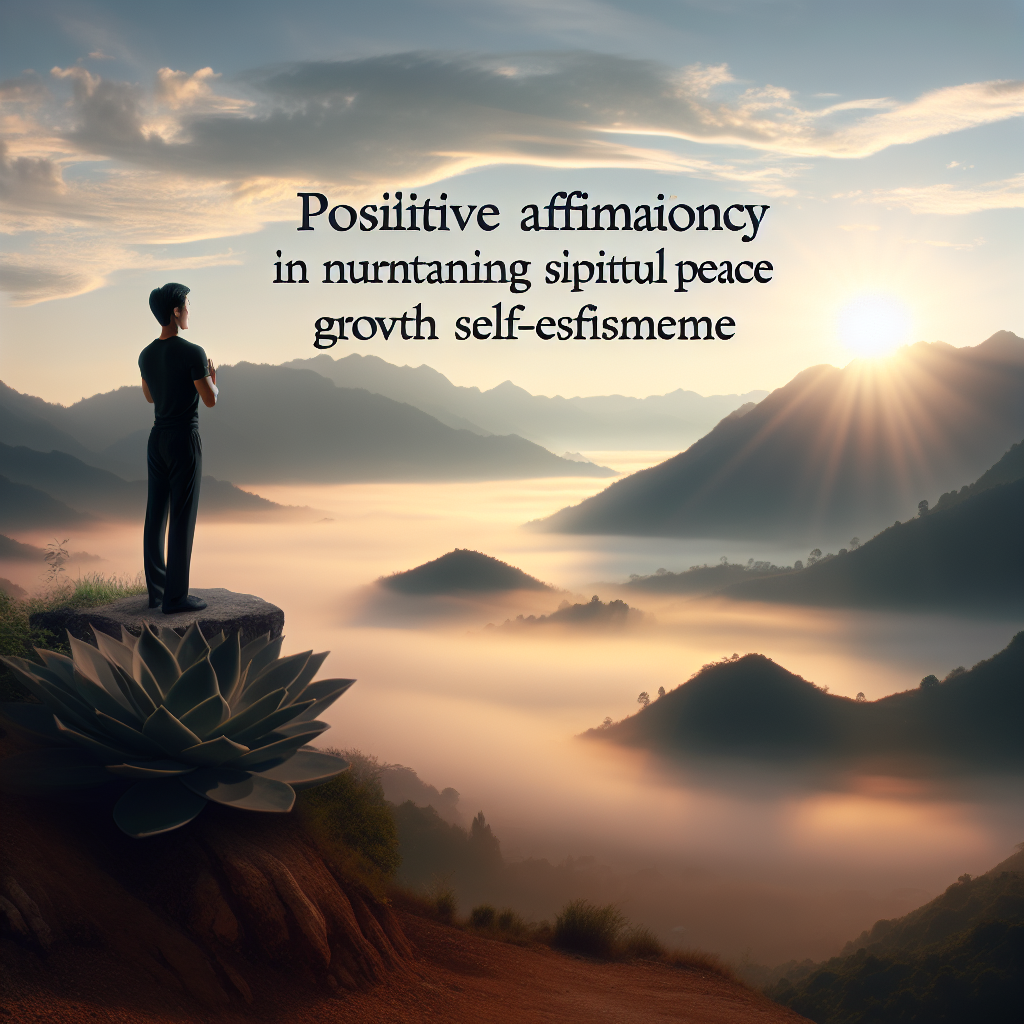 A serene landscape at sunrise with a person practicing yoga on a hilltop, symbolizing inner peace and mindfulness. The tranquil setting reflects the power of affirmations to enhance spiritual growth and self-worth.