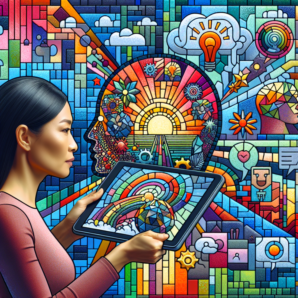 A vibrant collage depicting a scene where a person is immersed in watching a digital 'mind movie' on a tablet. The scene includes images of personal milestones, sunrises symbolizing new beginnings, and text bubbles featuring positive affirmations, all blending seamlessly to illustrate the dynamic and creative energy of the mind movie concept.