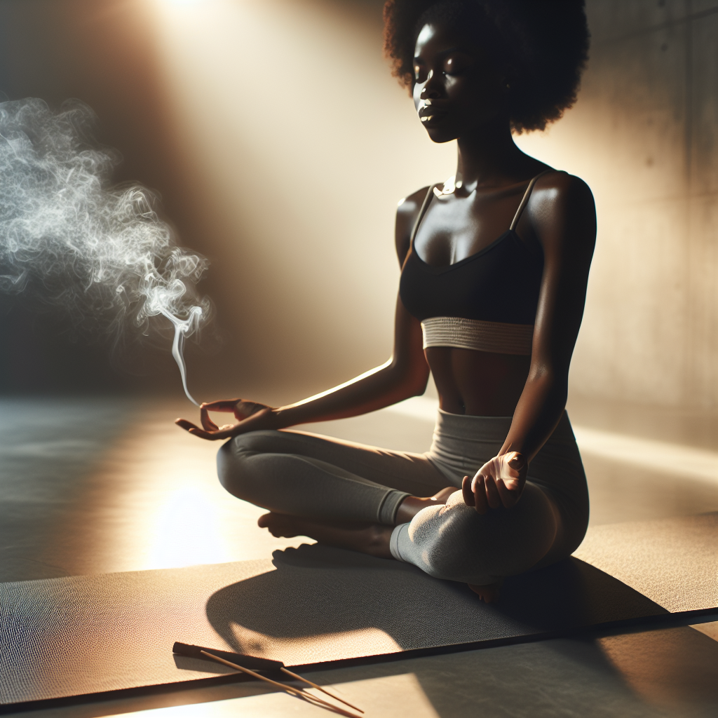 A serene image of a person sitting cross-legged on a yoga mat, surrounded by soft ambient light. The person has closed eyes and appears to be deeply focused, practicing mindful breathing. Wispy smoke from an incense stick curls gently upward, adding to the atmosphere of tranquility.