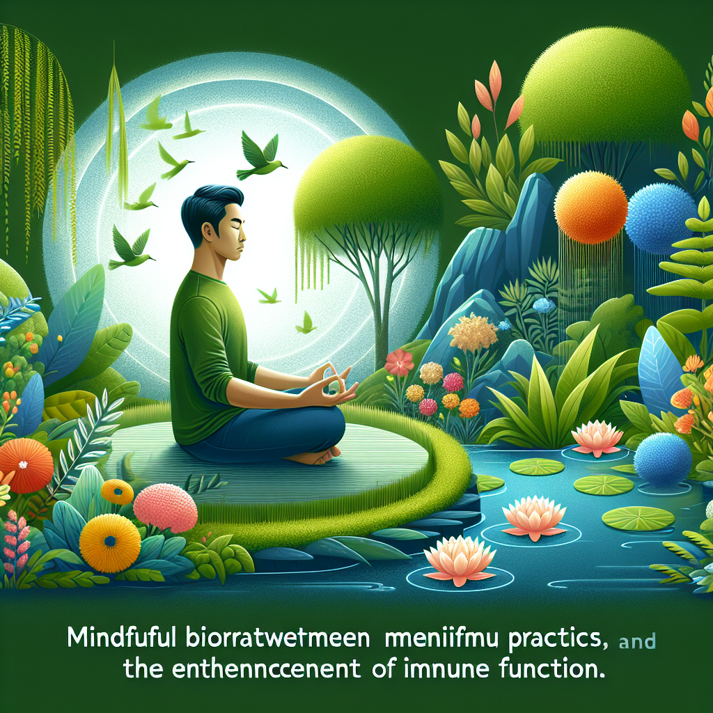 A serene landscape with a person practicing mindfulness meditation in a tranquil garden, surrounded by vibrant greenery and flowers, symbolizing the harmony between mindful practices and enhanced immune function.