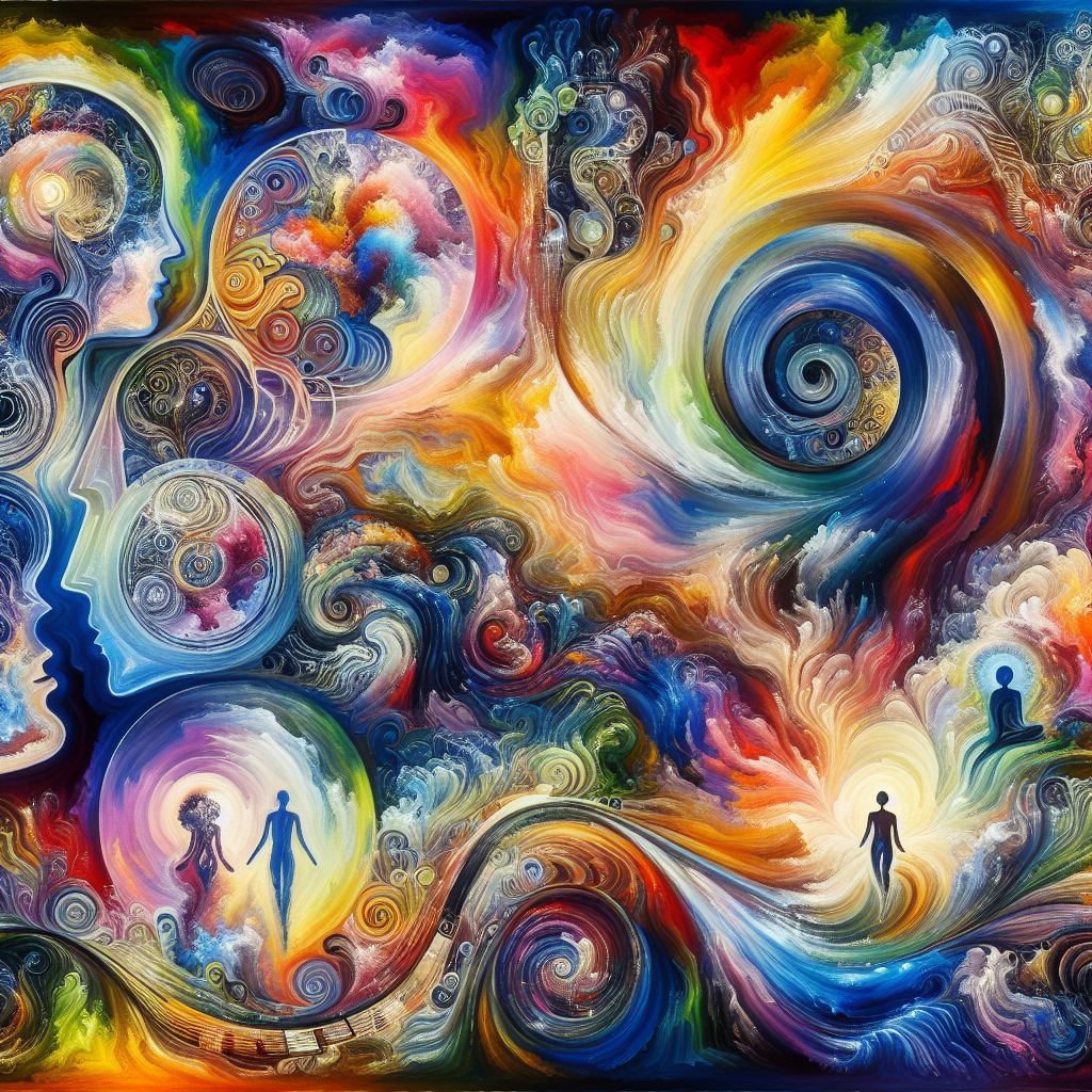 A vibrant abstract painting with swirling colors and complex patterns, symbolizing the flow of intuition and the subconscious mind connecting to spiritual insights.