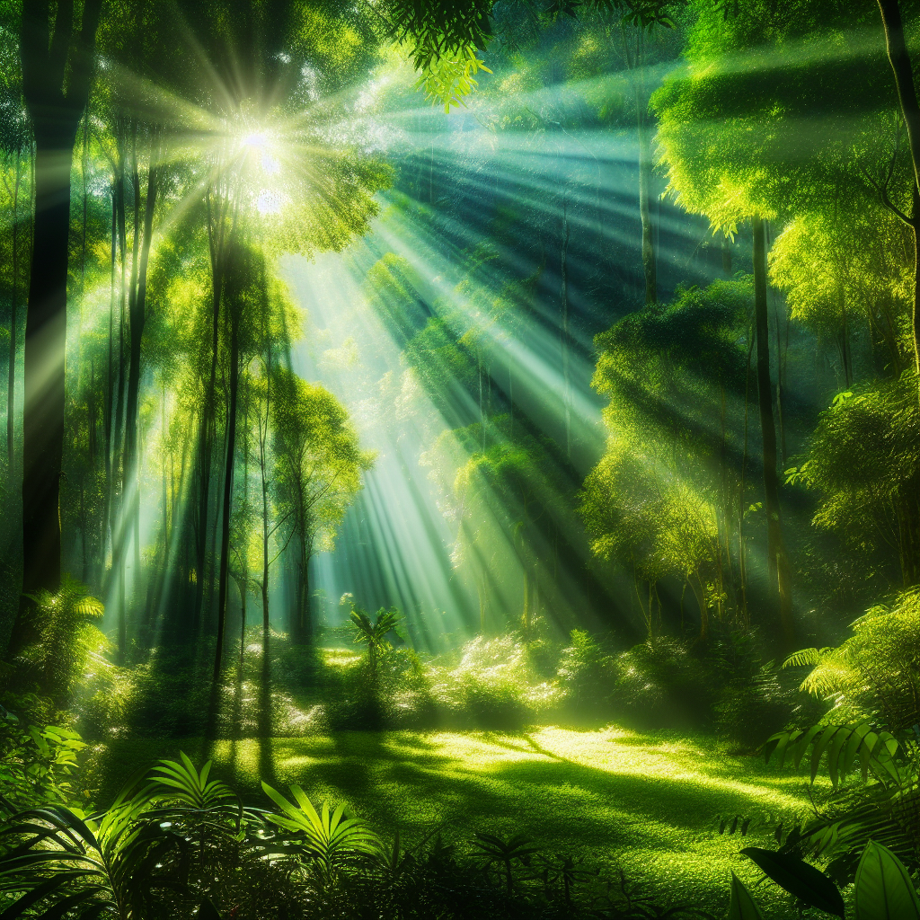 A scenic view of a lush green forest with rays of sunlight filtering through the canopy, creating a natural spotlight effect on the forest floor. The landscape evokes a sense of tranquility and inspiration, ideal for igniting creative thoughts.