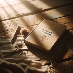A serene image of a journal and a pen, placed on a wooden table surrounded by morning light. This symbolizes the practice of maintaining a gratitude journal, where one writes down positive thoughts and appreciations to enhance psychological well-being.