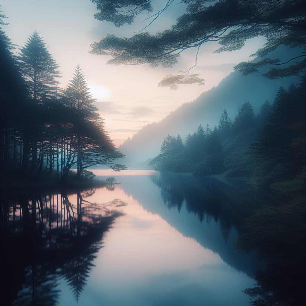 A tranquil nature scene featuring a still lake surrounded by whispering trees at dawn. The glassy surface of the water reflects the pastel colors of the sky, symbolizing the clarity and introspection found in silence.