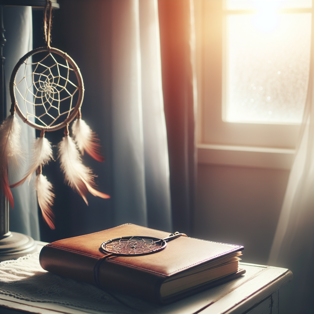 A serene bedroom scene with soft morning light filtering through a window, illuminating a bedside table where a meticulously kept dream journal lies open. A soft-focus background shows a dreamcatcher hanging by the window, symbolizing the capture of dreams and thoughts.