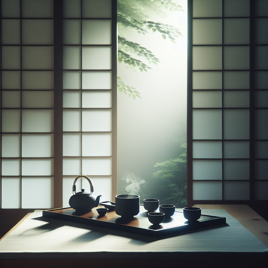 A serene and minimalist setting of a Japanese tea ceremony, featuring a traditional tea set with a steaming teapot and teacups arranged on a wooden tray. Soft morning light filters through a shoji screen, creating a tranquil atmosphere that invites meditation and mindfulness.
