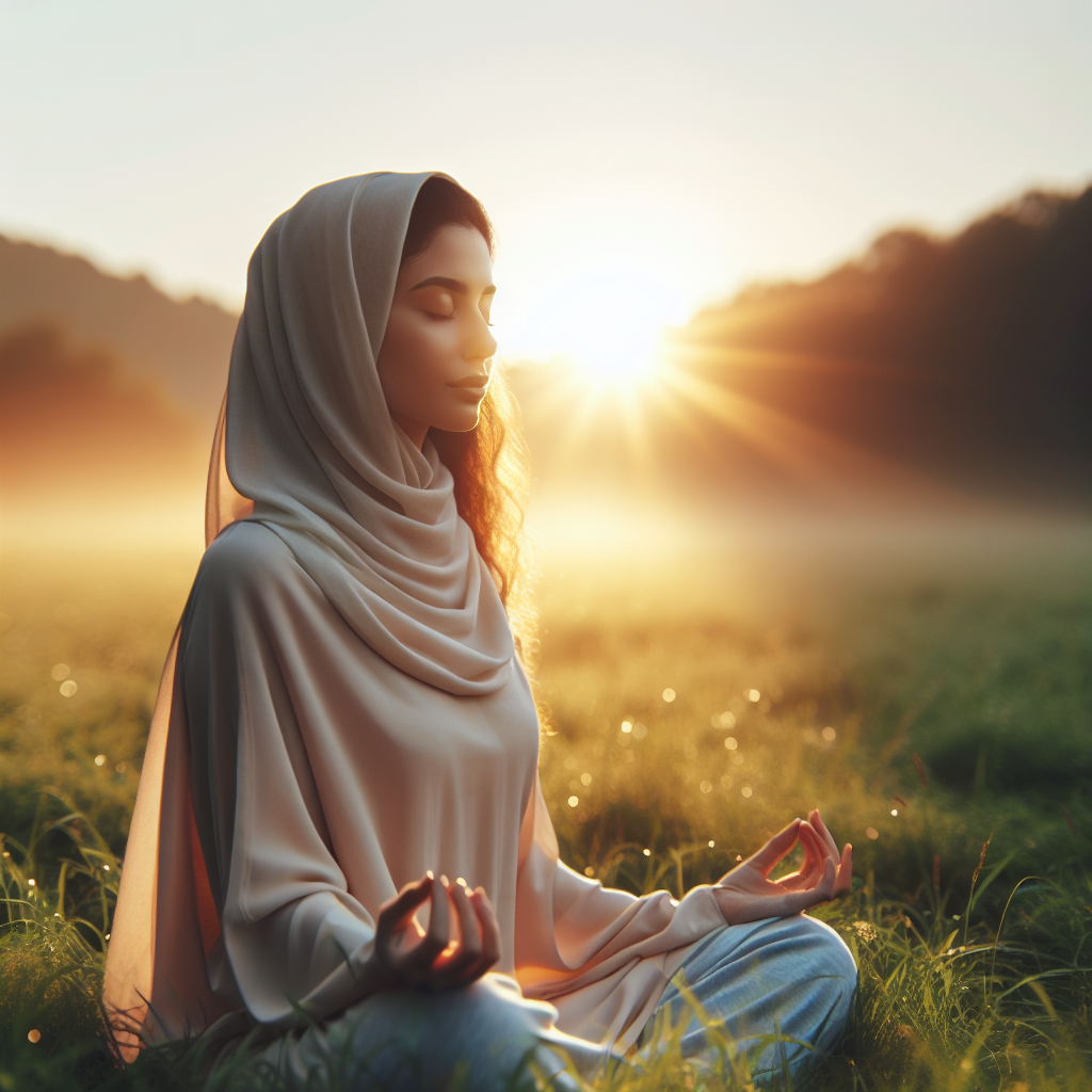 A serene image of a person sitting cross-legged on a grassy field at sunrise, eyes gently closed, focusing on their breath. Soft rays of morning light illuminate their peaceful expression, symbolizing tranquility and mindfulness.